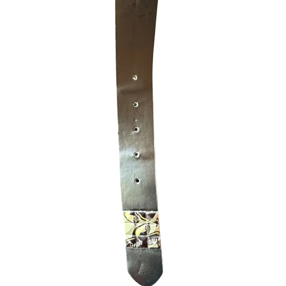Studded Belt Black Floral Graphic Print Pyramid Studs Leather AG011‎